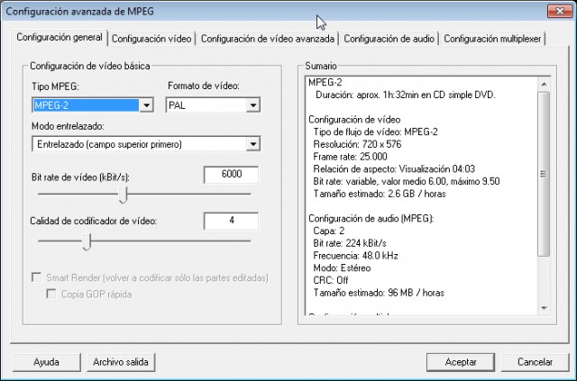 Opciones de configuraci&oacute;n del codec MPEG