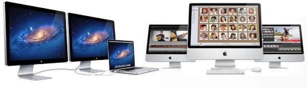 Familia iMac y familia Macbook con monitores Thunderbolt